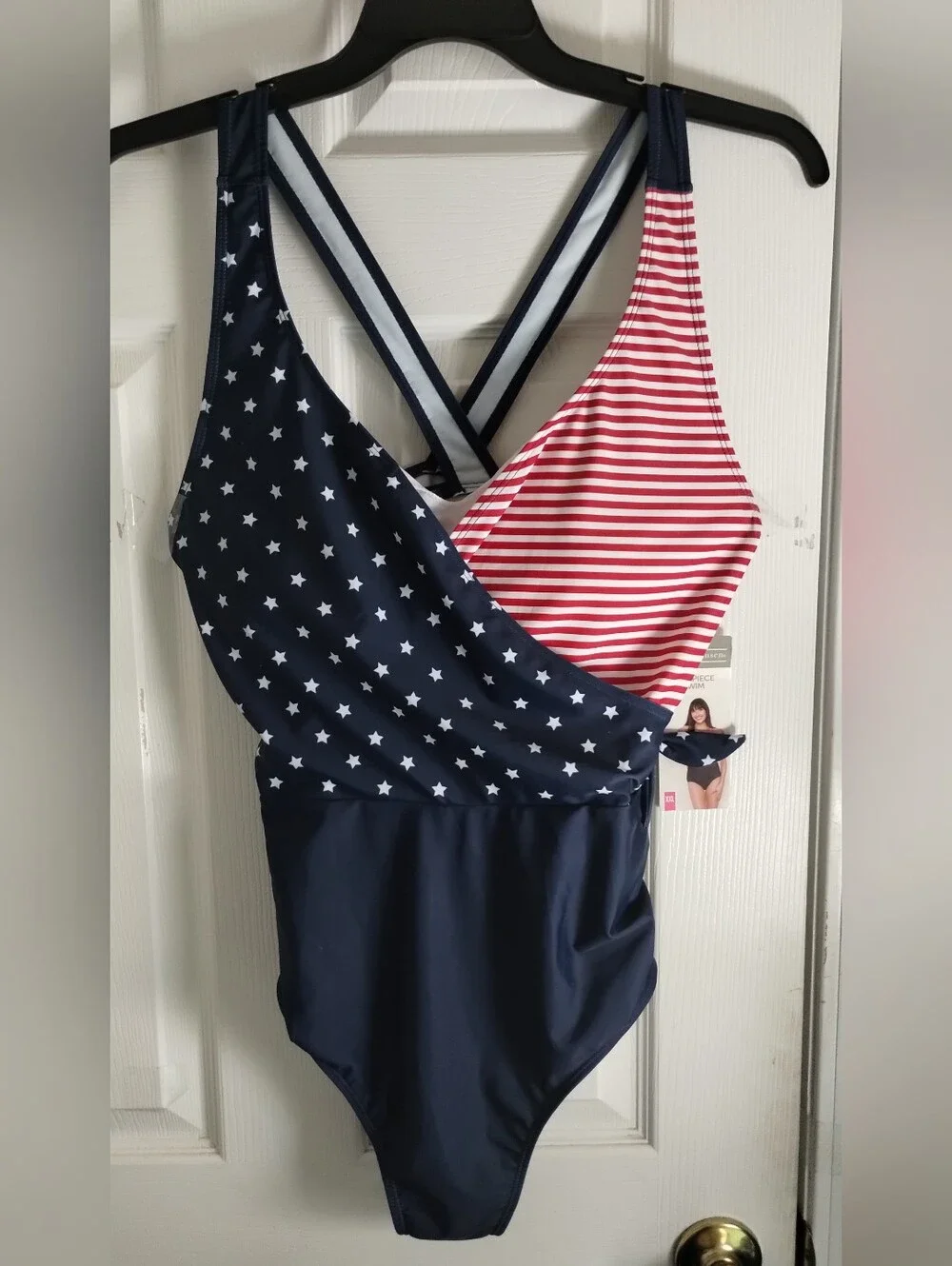 NWT Plus Size Berkley Jensen Patriotic One-Piece Swim Suit With Crossover Back